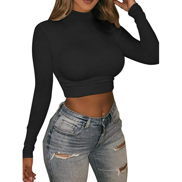 Ladies Plain Ribbed Long Sleeve Short Stretch Cotton Polo Turtle Neck Crop Top